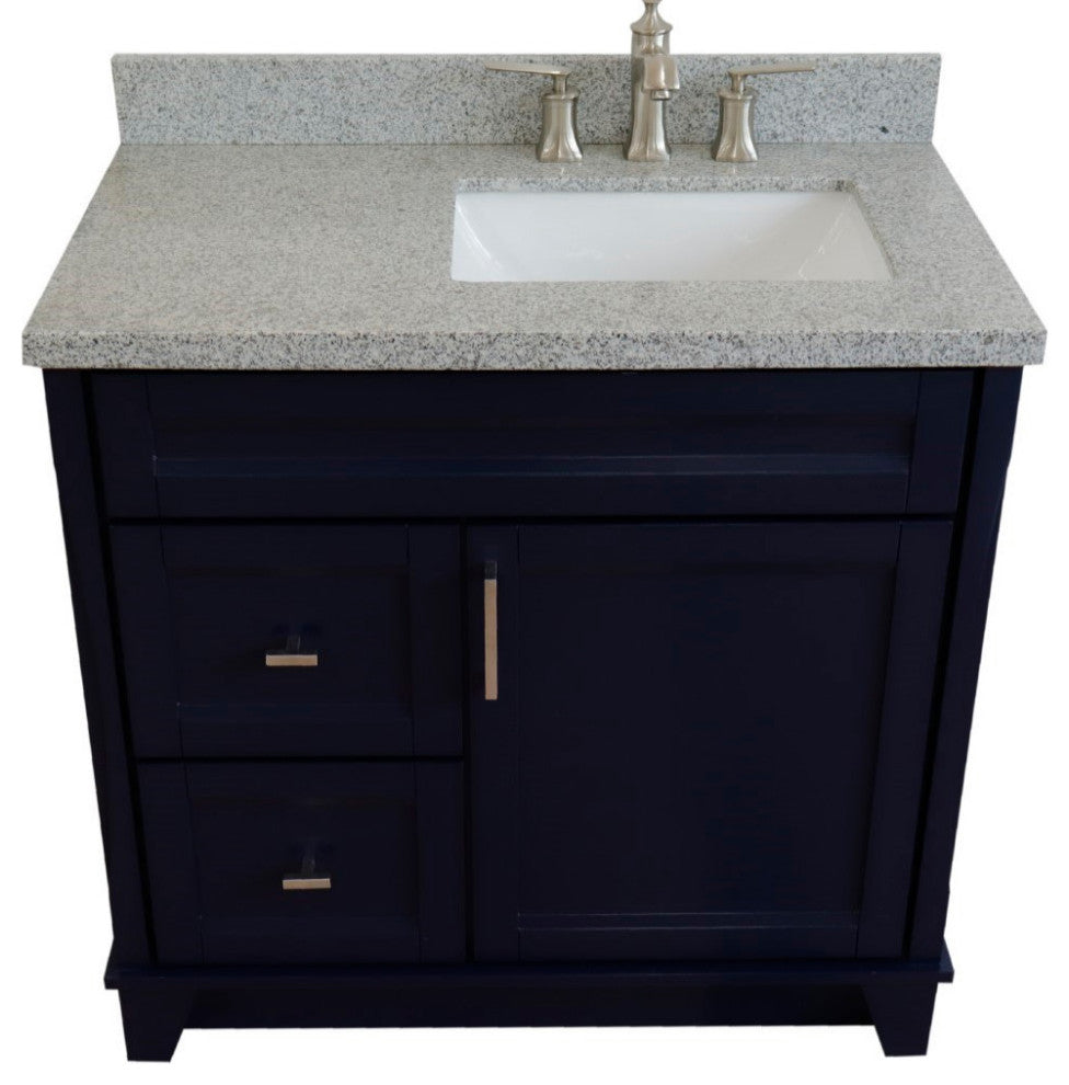 37" Single Sink Vanity, Blue Finish With Gray Granite