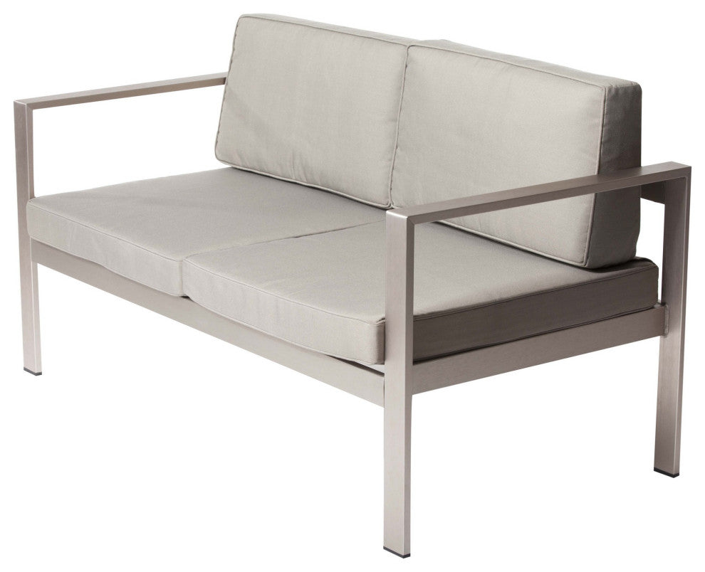 Benzara BM287832 Sofa, Sleek Silver Aluminum Frame, Water Resistant Cushions