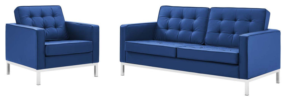 Tufted Armchair and Loveseat Sofa Set, Faux Leather, Silver Blue Navy, Modern