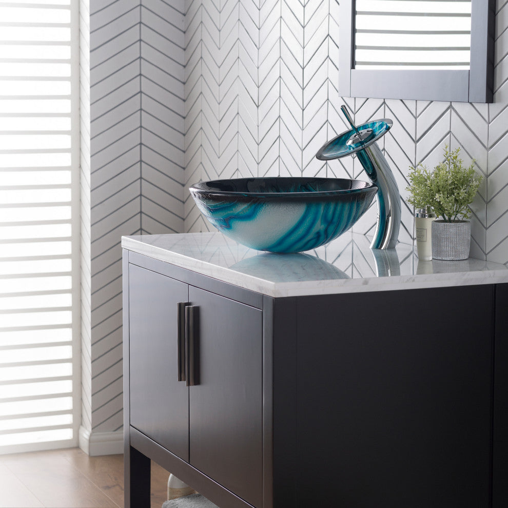 Nature Series 17" Round Blue Glass Vessel 19mm Bathroom Sink