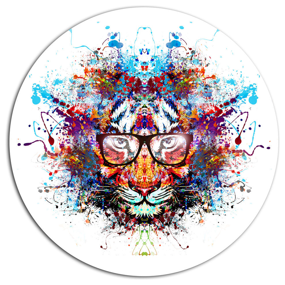 Colorful Tiger In Glasses, Animal Disc Metal Artwork, 23"