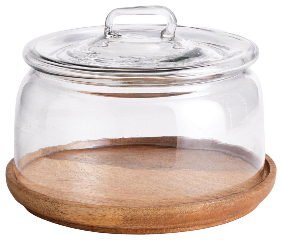 Round Farmhouse Glass Dome Wood Tray Base 12 x 9in Cloche Food Display Terrarium
