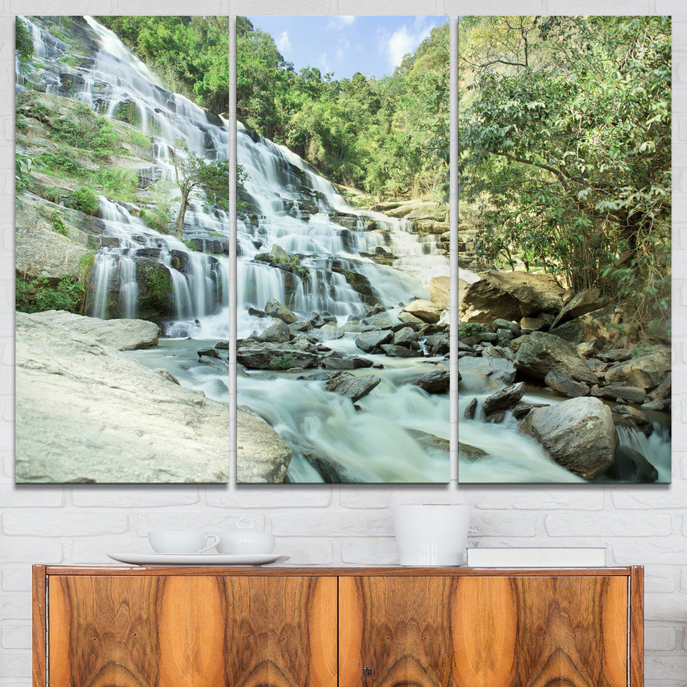 "Maeyar Waterfall in Rain" Photo Metal Wall Art, 3 Panels, 36"x28"