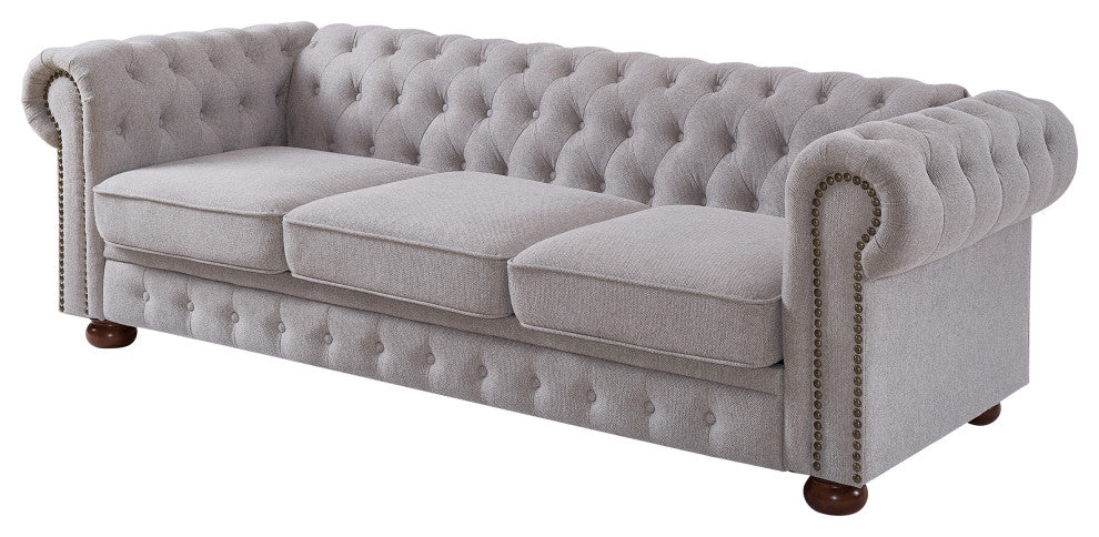 TATEUS linen fabric Chesterfield Large sofa Modern 3 Seater Couch Light Grey