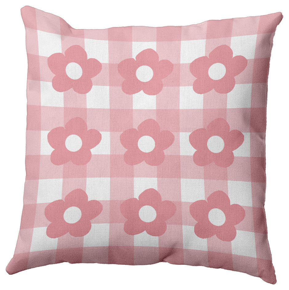 Flowers on Gingham Decorative Throw Pillow, Pink Icing, 18"x18"