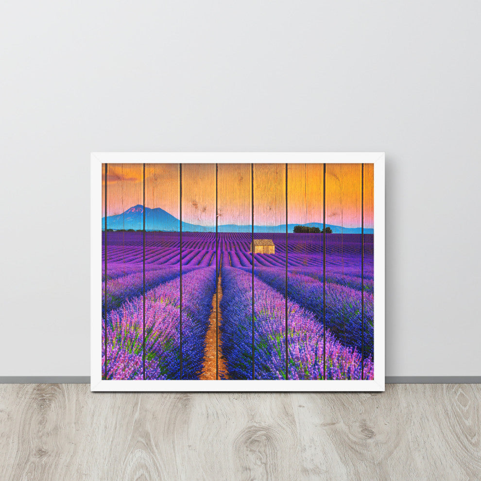 Faux Wood Lavender Fields and Sunset Landscape Framed Photo Paper Wall Art Print, White, 16" X 20"