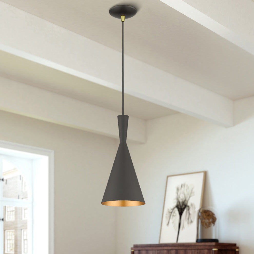 Waldorf 1-Light Bronze Pendant, Antique Brass Accents