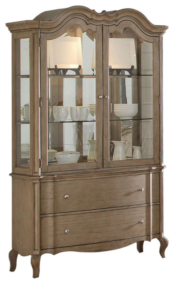 Buffet Cabinet, Rubberwood Legs With Glass Doors & Round Handles, Antique Taupe