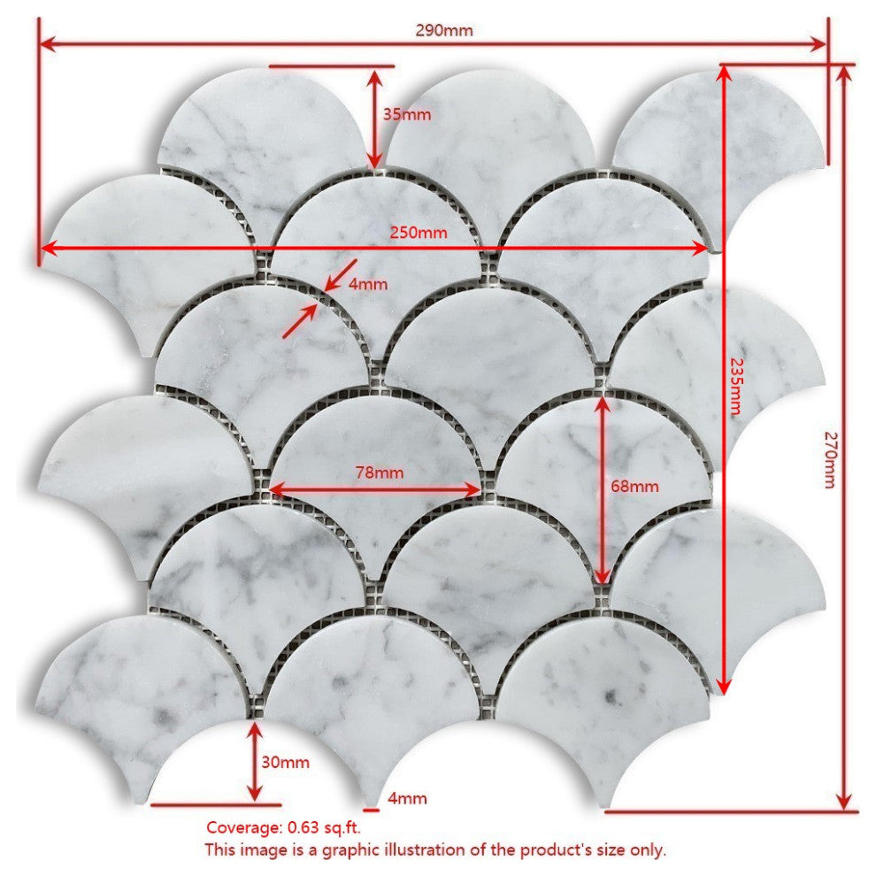 Carrara White Bardiglio Gray Marble Fish Scale Fan Shape Mosaic Tile, 1 sheet