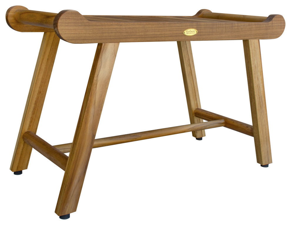 HomeRoots Rectangular Teak Shower Bench With Handles, Natural Finish