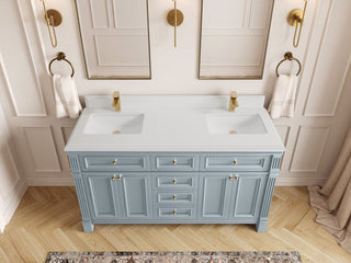 Paris 60" Double Sink Bathroom Vanity, Blue Heather 1.5" White Quartz
