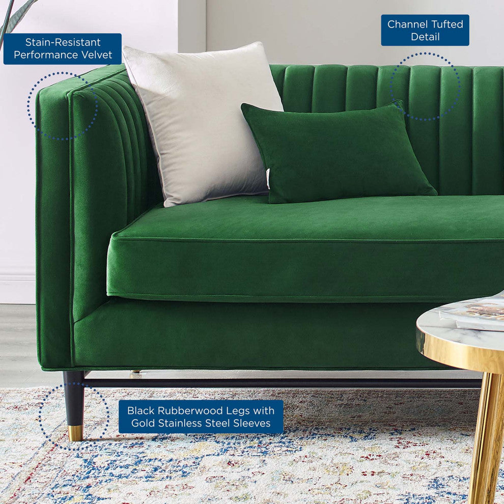 Tufted Sofa, Velvet, Green, Modern, Living Lounge Room Hotel Lobby Hospitality