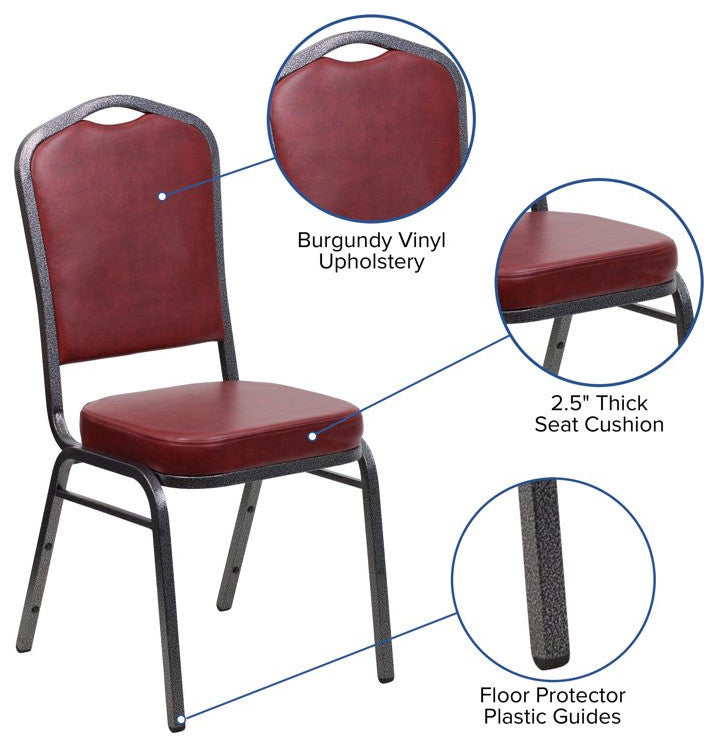 4 Pack Dining Chair, Cushion Seat & Back, Burgundy Vinyl/Silver Vein
