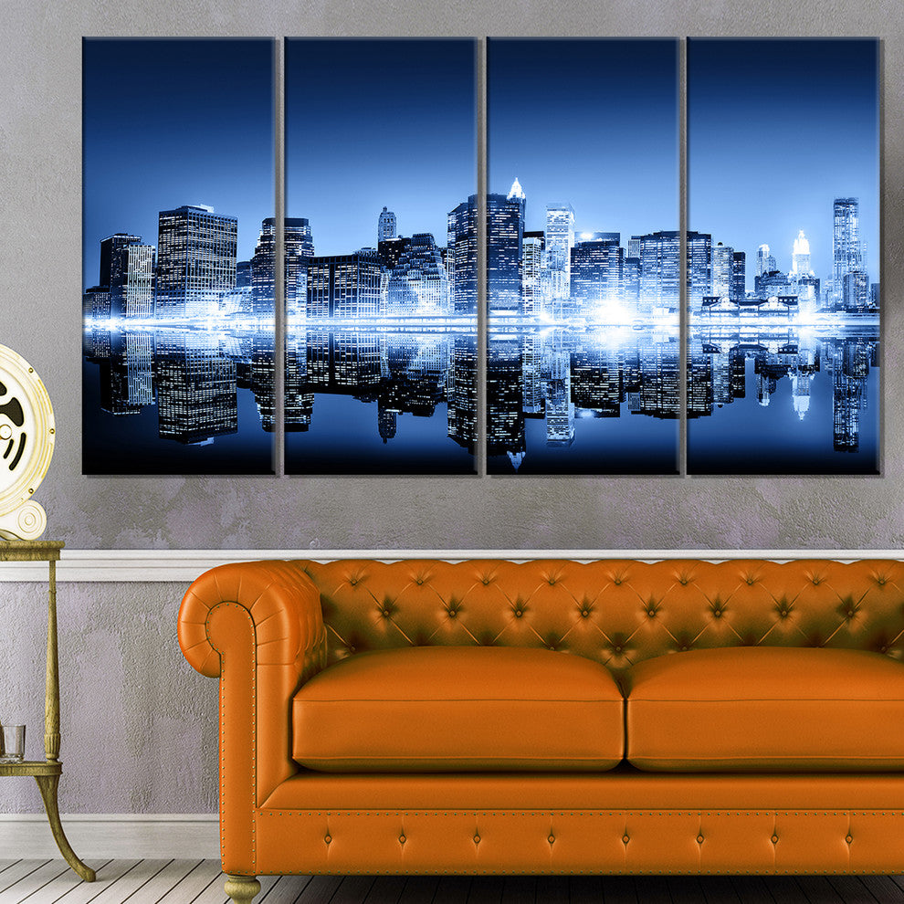 "Night New York City Mirrored" Cityscape Artwork Canvas, 4 Panels, 48"x28"