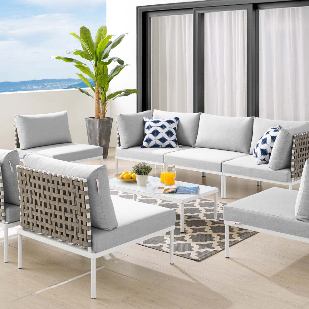 Lounge Sectional Sofa Chair Table Set, Sunbrella, Aluminum, Gray, Outdoor