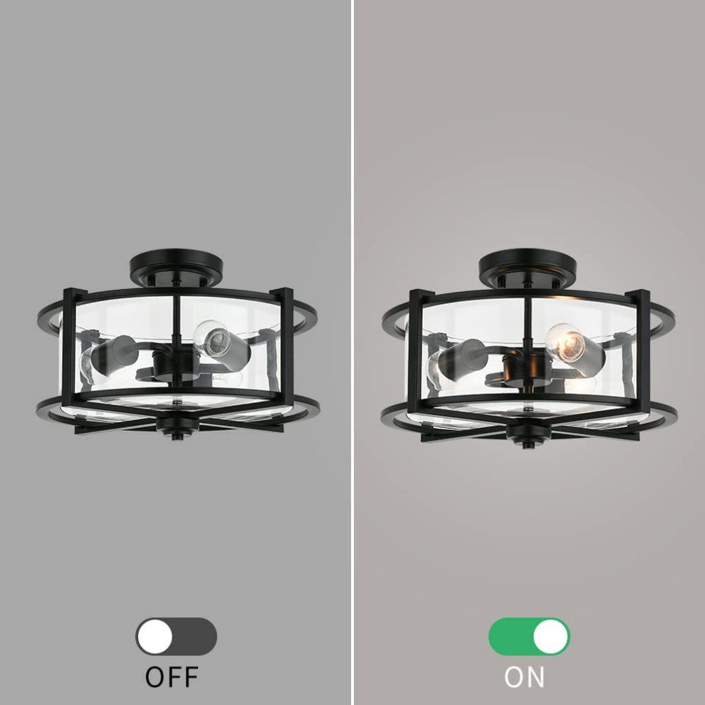 3 Light Industrial Semi Flush Ceiling Light, Farmhouse, Black