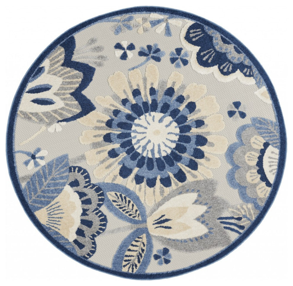 5' Round Blue And Gray Round Floral Indoor Outdoor Area Rug