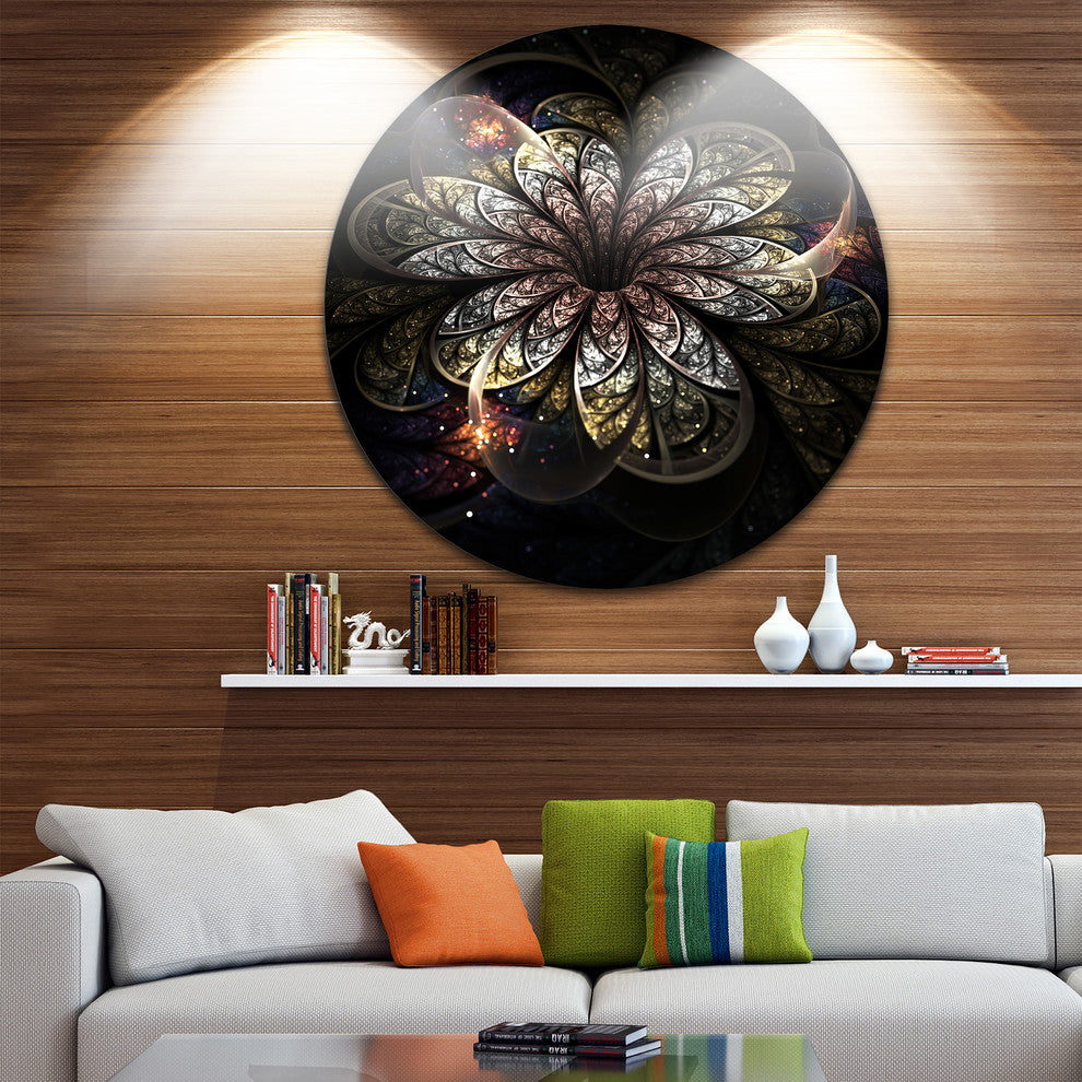 Rounded Glowing Golden Fractal Flower, Floral Round Wall Art, 36"