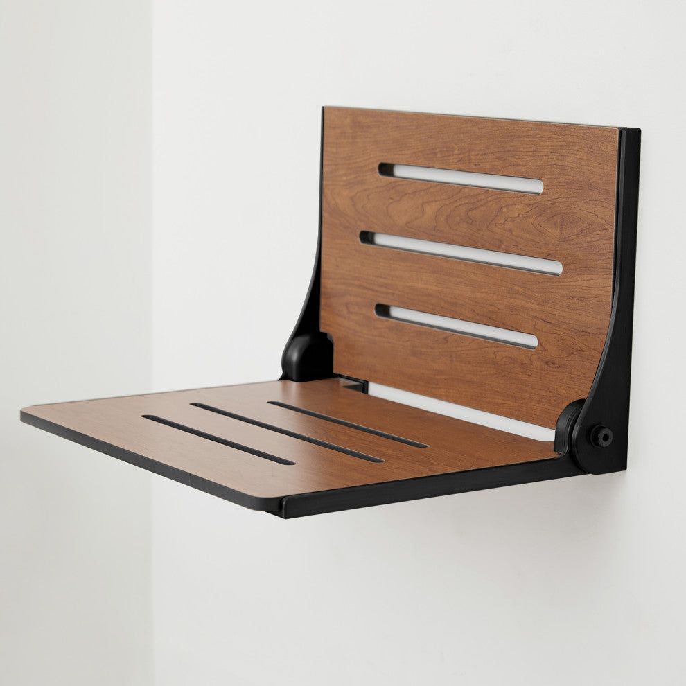 Silhouette Folding Wall Mount Shower Bench Seat, Rustic Teak, Matte Black Frame