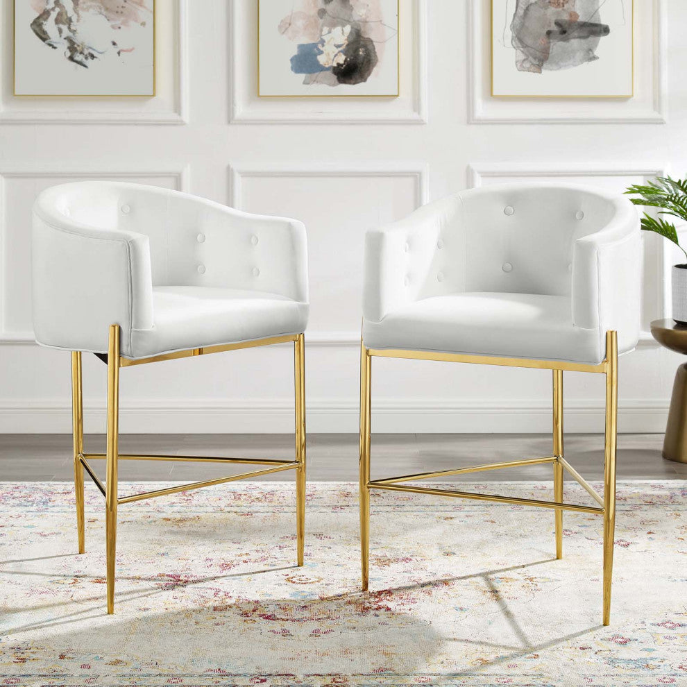 Tufted Bar Stool Chair Barstool, Set of 2, Velvet, Metal, White, Modern, Bar Pub
