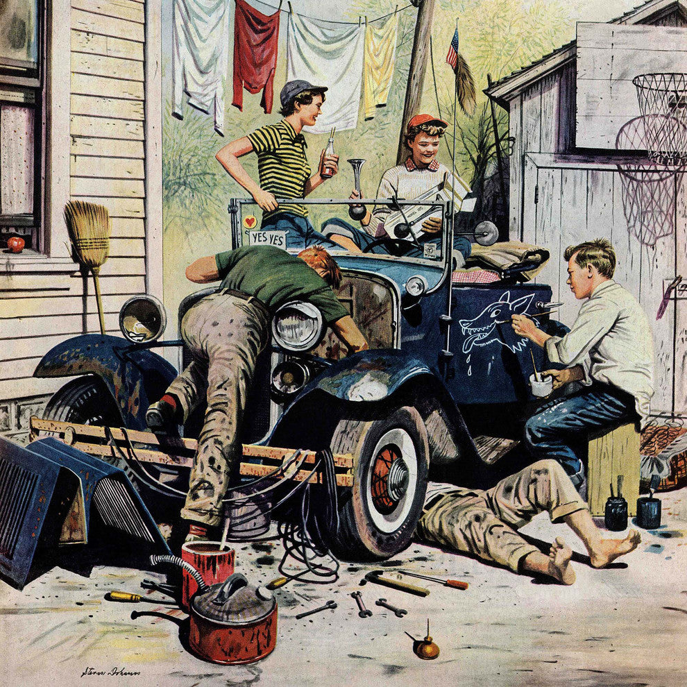 "Working on the Jalopy" Painting Print on Canvas by Stevan Dohanos
