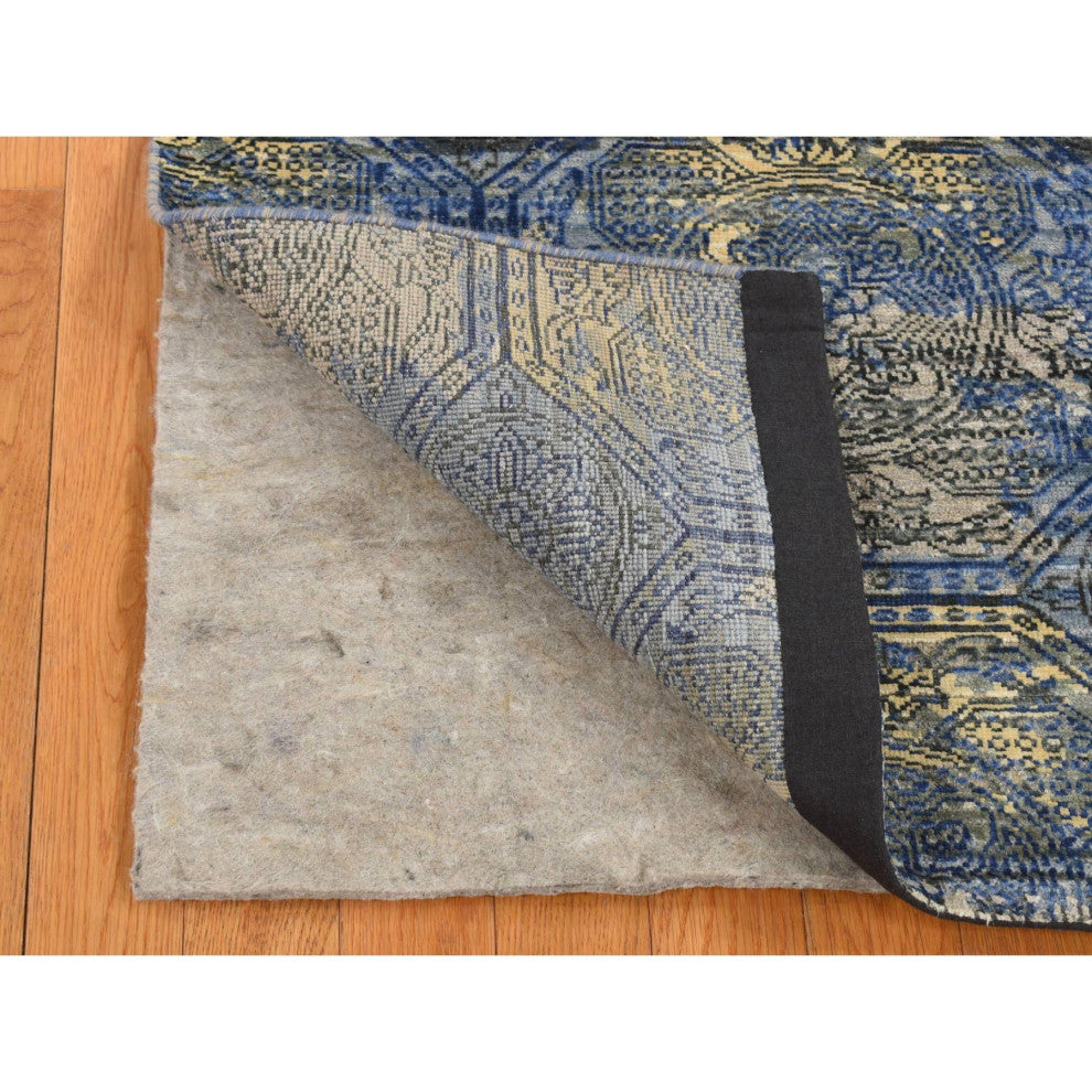Blue Repetitive Rosette Design Silk With Wool Hand Knotted Runner Rug 2'8"x9'1"