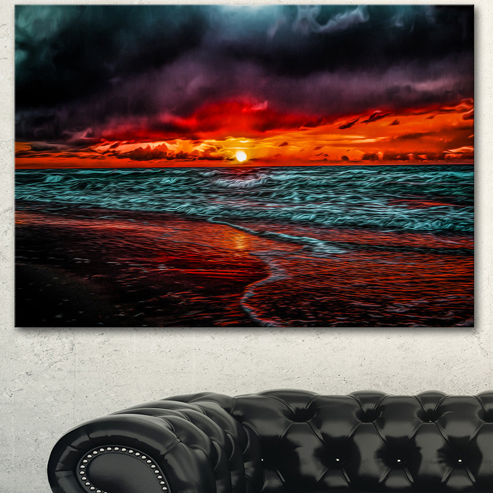 Red Sunset over Blue Waters, Seascape Canvas Art Print, 40"x30"