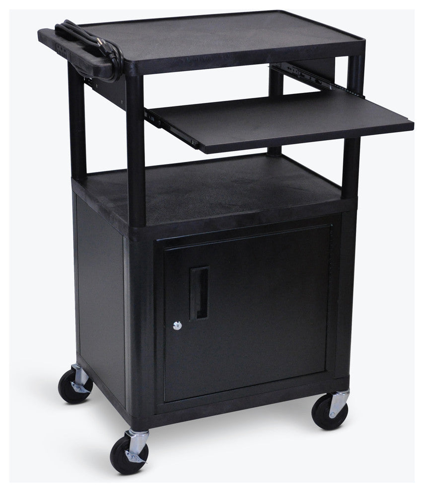 Luxor Endura Black 3-Shelf Presentation Cart With Cabinet and Pullout Shelf, 42"