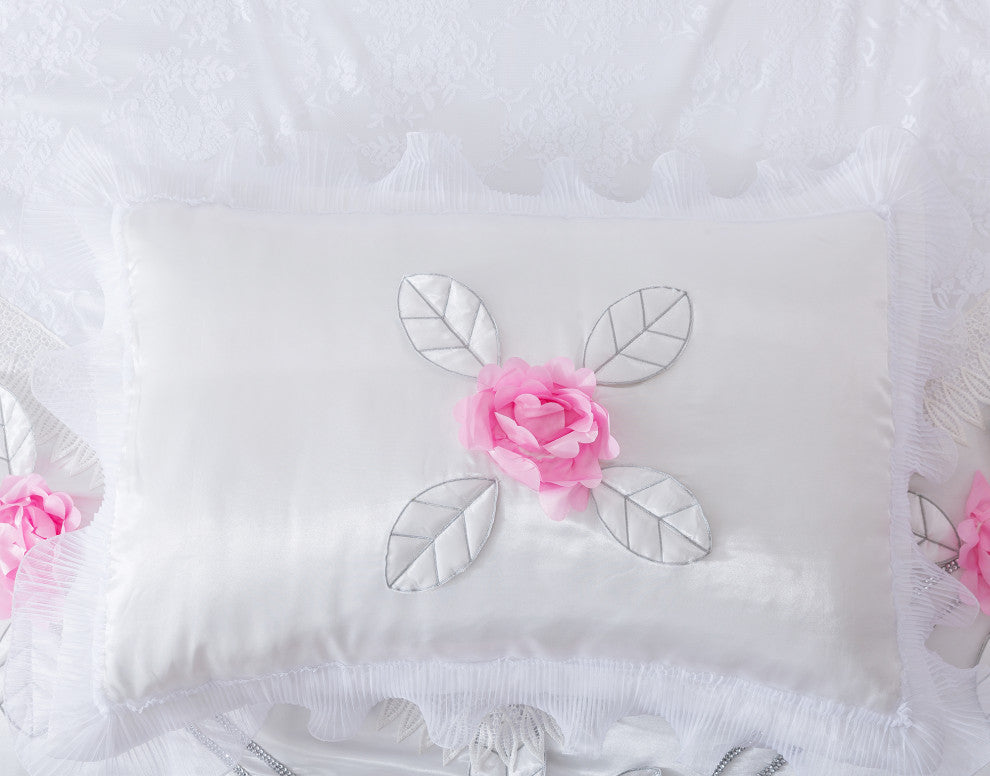Tache 6-Piece Rose Pink White Satin Ruffled Bedding Set, Queen