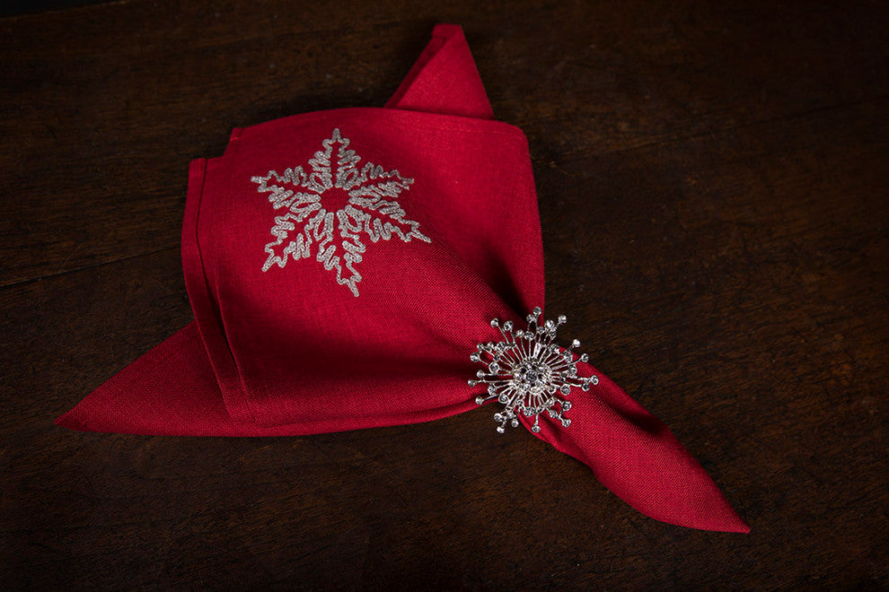 Glisten Snowflake Embroidered Christmas Napkins, Red, 20"x20", Set of 4