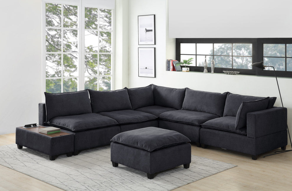 Madison Down Feather Sectional Sofa, Ottoman and USB Storage Console Table, Dark