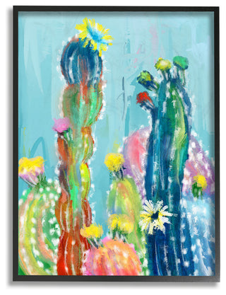 Bold Bright Blue Abstract Cacti Painting Oversized Framed Giclee, 16"x20"