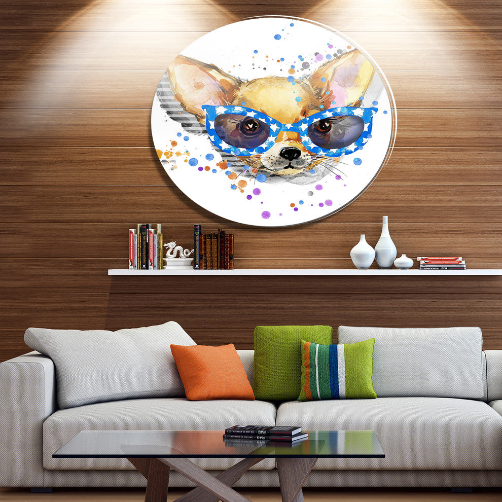 Cute Puppy With Blue Glasses, Animal Disc Metal Wall Art, 23"