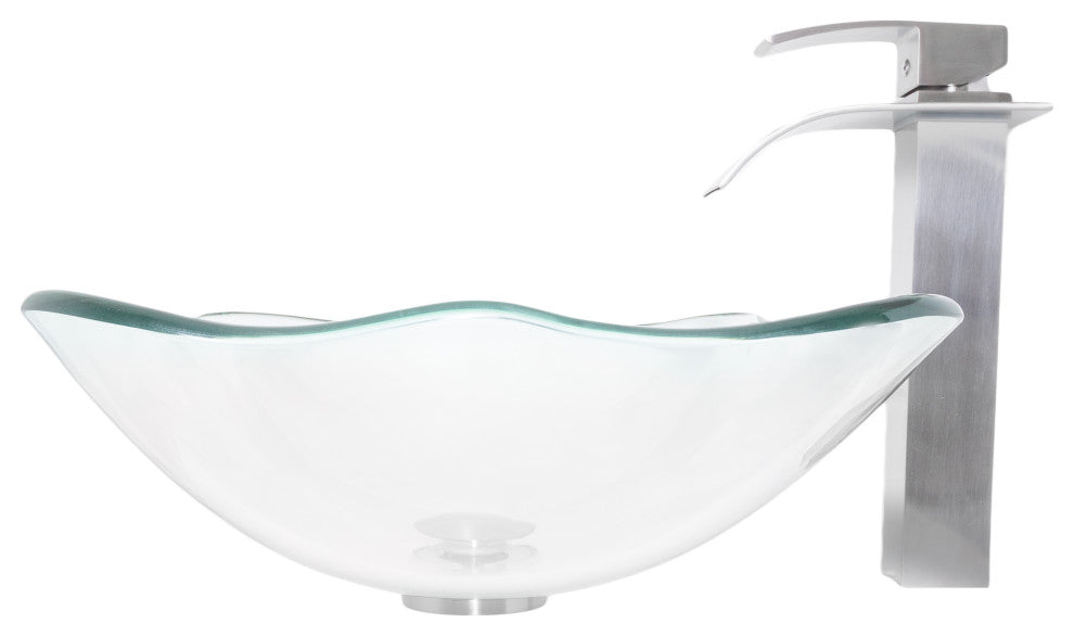 Clear Scalloped Tempered Glass Vessel Bathroom Sink Combo with Faucet and Drain, Brushed Nickel