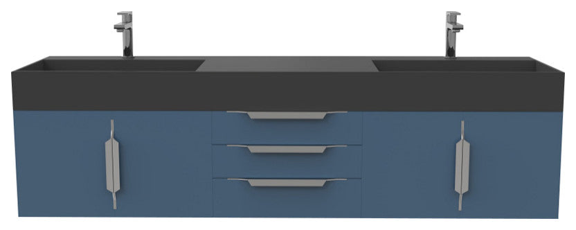 CastelloUSA Amazon 72" Wall Mounted Vanity Set, Blue, Black Top, Chrome Handles