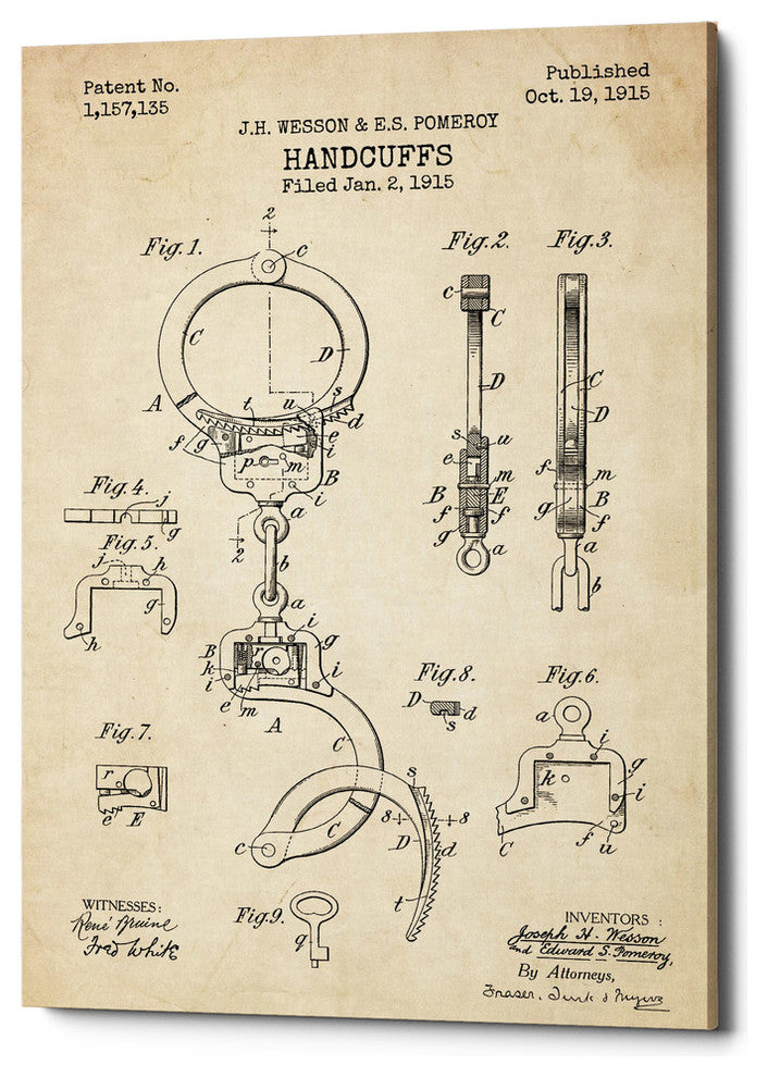 Epic Graffiti "Handcuffs Blueprint Patent Parchment" Giclee Canvas, 26"x40"