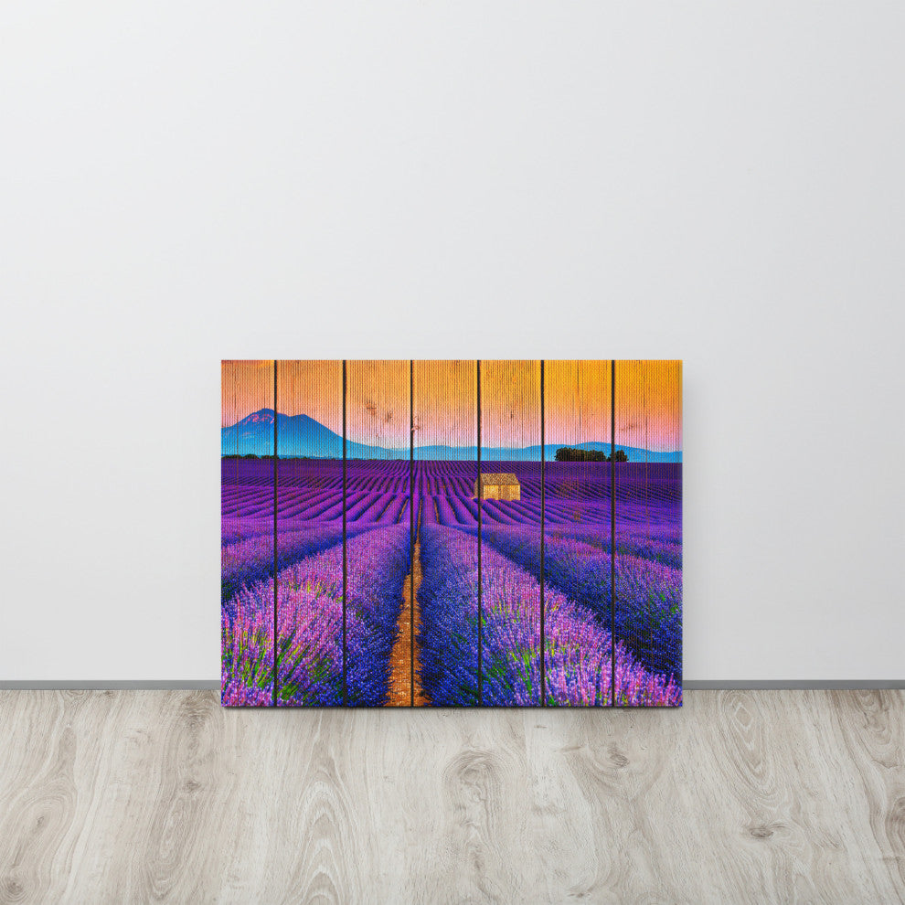Faux Wood Lavender Fields and Sunset Landscape Canvas Prints, 18" X 24"