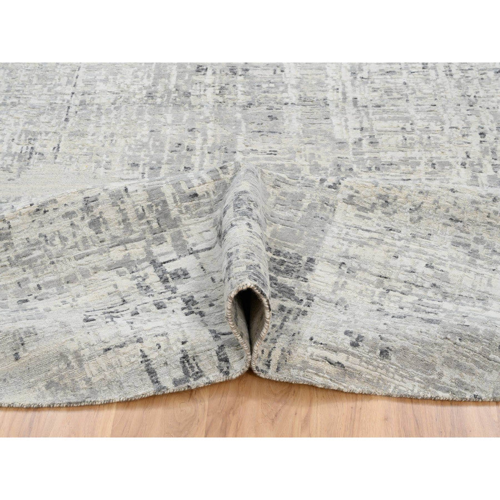 Gray Hand Knotted Modern Natural Wool Round Oriental Rug, 13'9"x13'9"