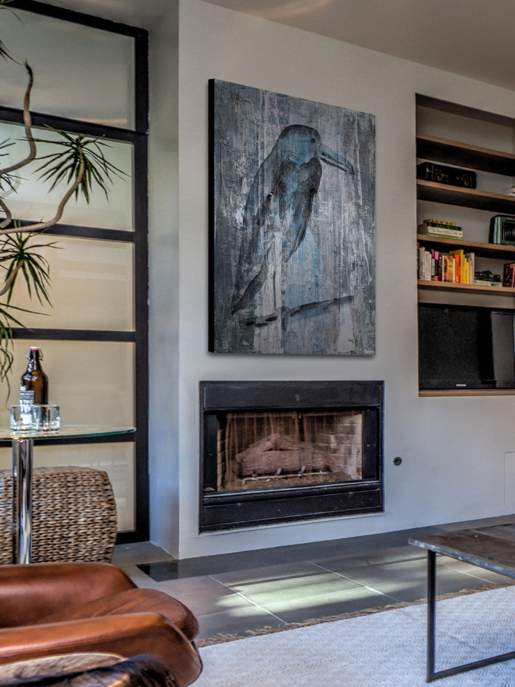 "Blue Gray Bird II" Painting Print on Brushed Aluminum, 30"x45"