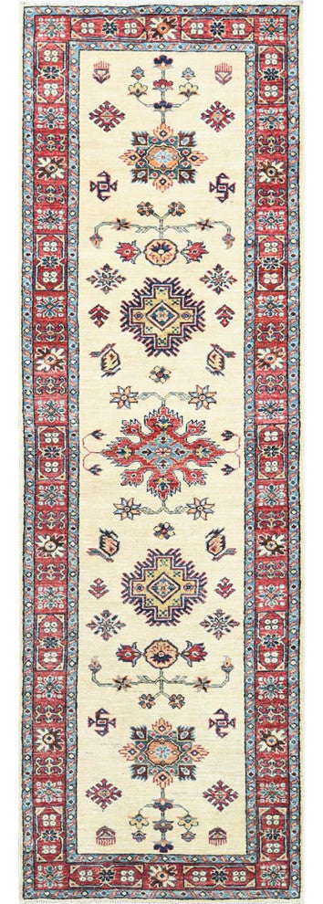 Ivory, Soft Wool, Hand Knotted Afghan Super Kazak Runner Rug, 2'7"x8'6"