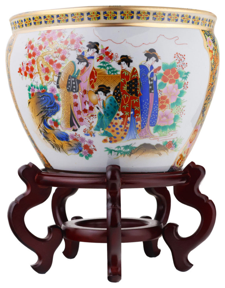 Chinese Porcelain Fish Bowl Planter, Satsuma Geishas, 8"
