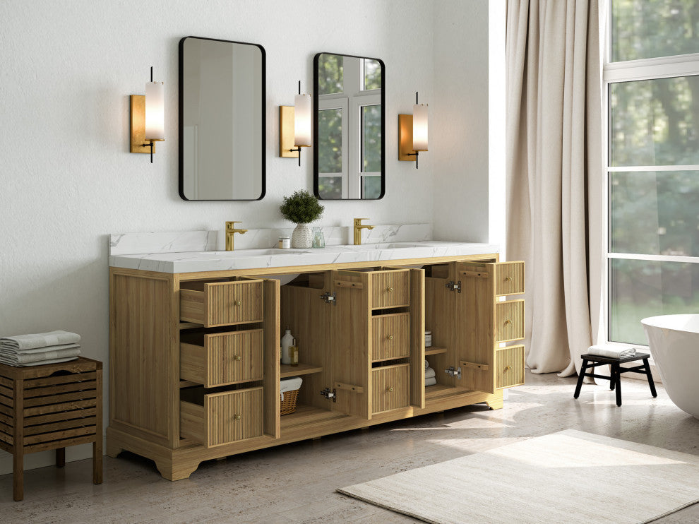 Austin 84 Double Sink Bath Vanity in Light Natural Teak 2" Carrara Marble