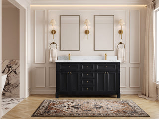 Paris 60" Double Sink Bathroom Vanity, Black 2" Calacatta Nuvo