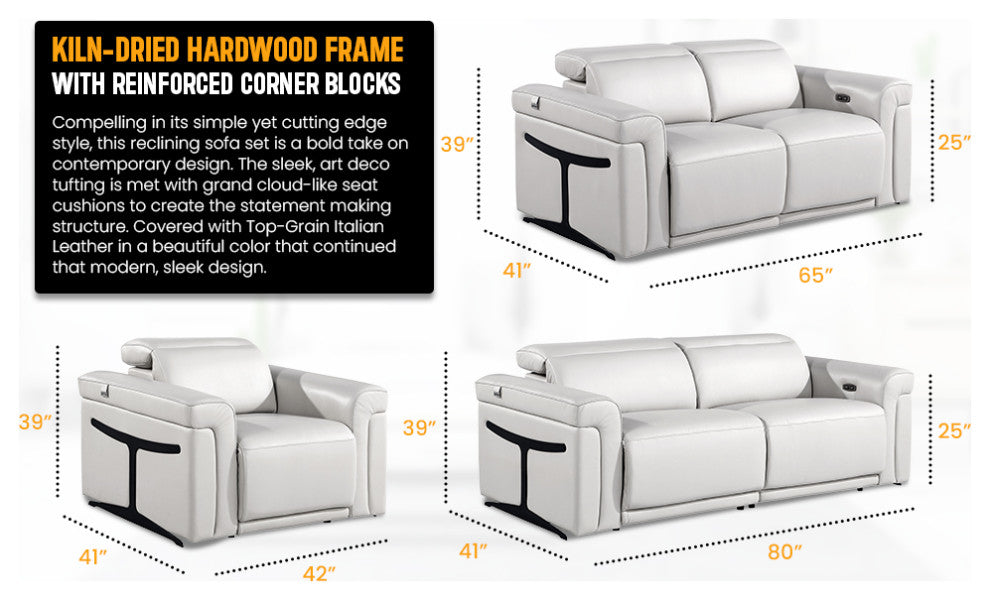 Augusto Top Grain Power Reclining Italian Leather Sofa, Dark Gray