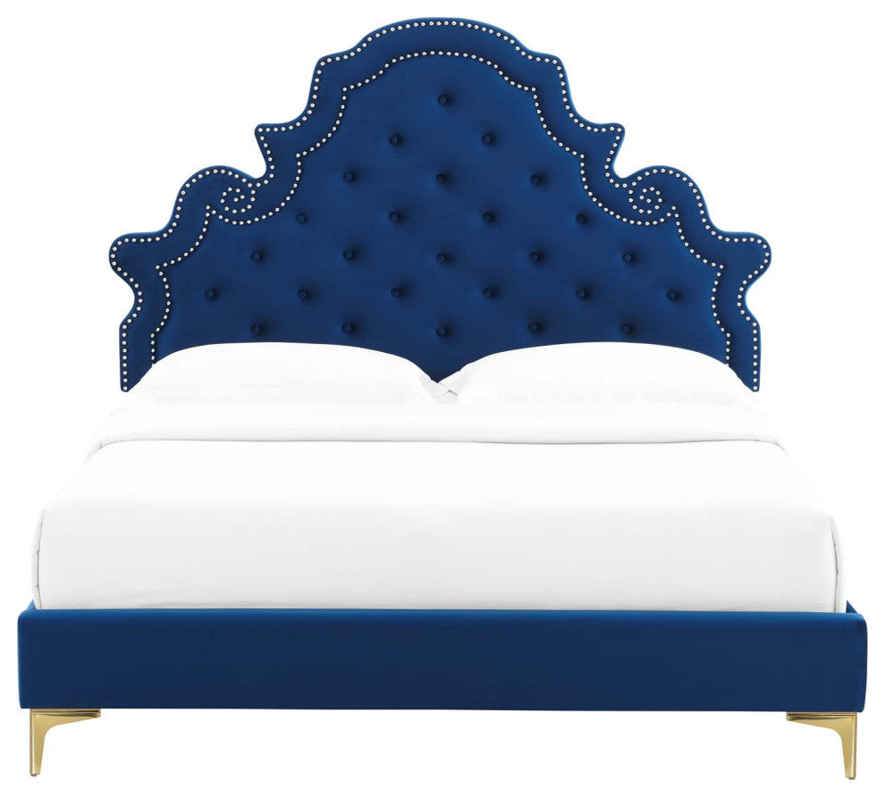 Tufted Platform Bed Frame, Twin Size, Velvet, Blue Navy, Modern Contemporary