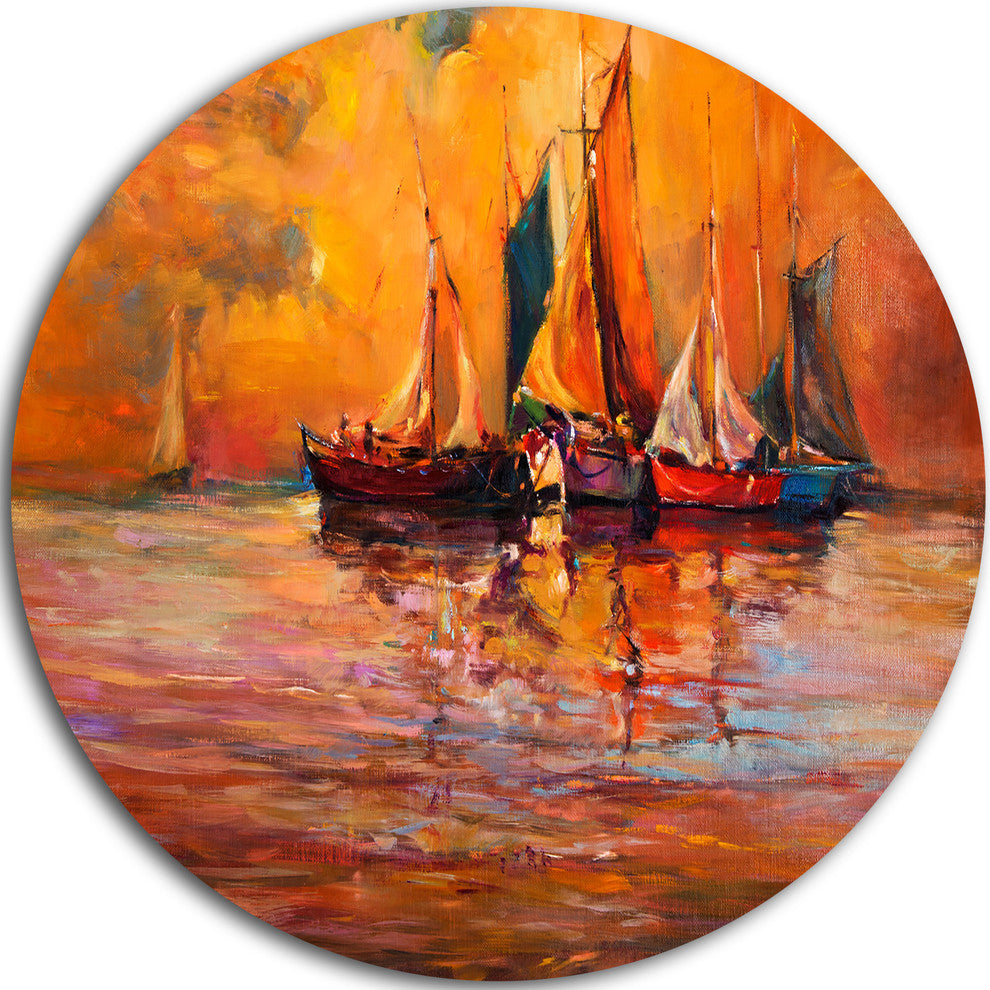 Boats And Ocean In Red, Seascape Painting Disc Metal Artwork, 23"