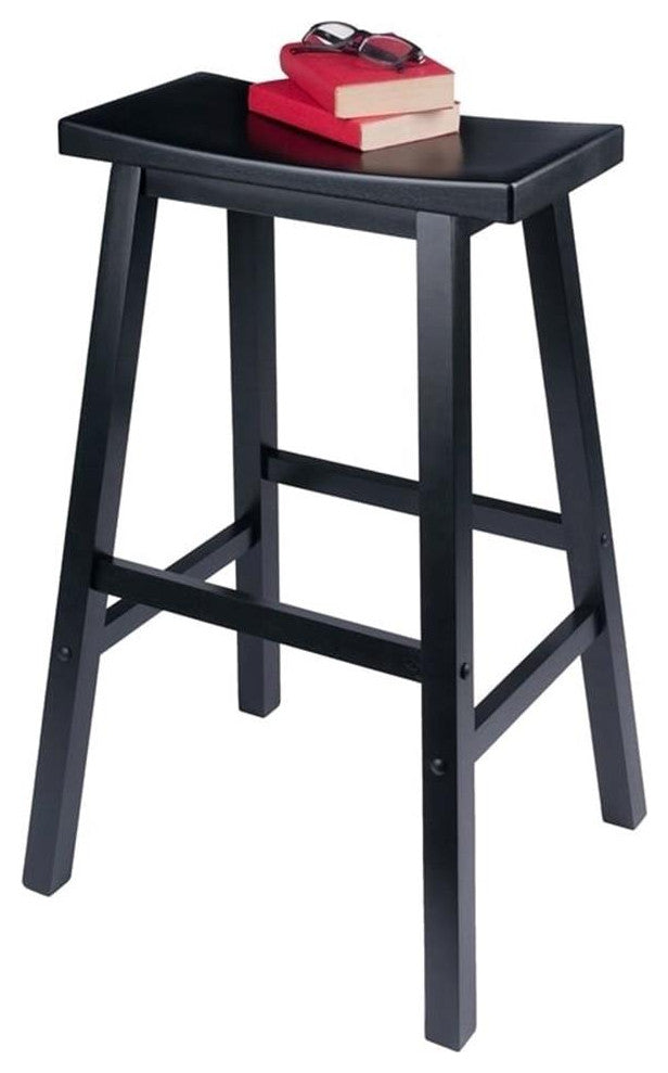 Pemberly Row 28.86" Transitional Solid Wood Saddle Seat Bar Stool in Black