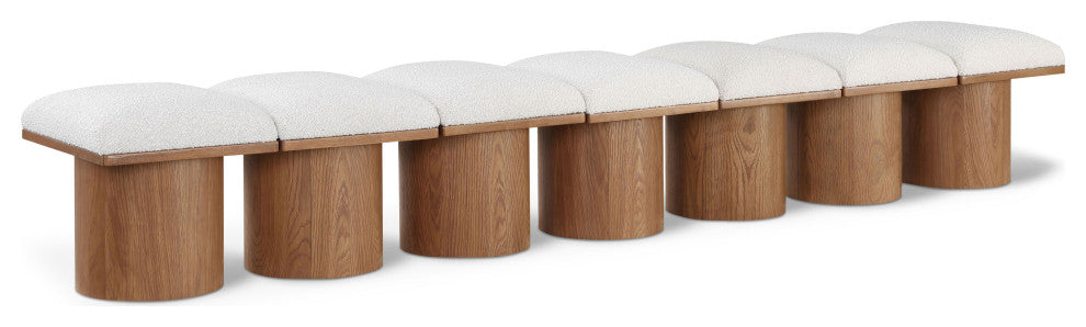 Pavilion Boucle Fabric Upholstered 7-Piece Modular Bench, Cream, Walnut Finish