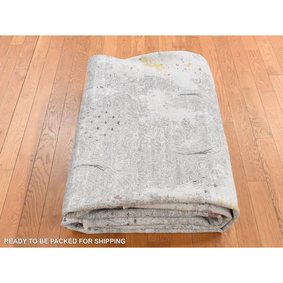 Gray, Hand Knotted, Modern Broken Design Wool and Silk Rug, 8'9"x11'10"