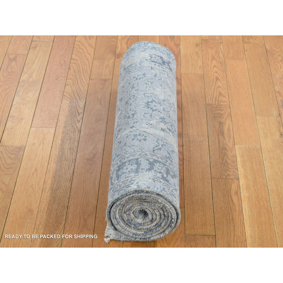 Battleship Gray Broken and Erased Pure Silk Hand Knotted Runner Rug 2'5"x10'